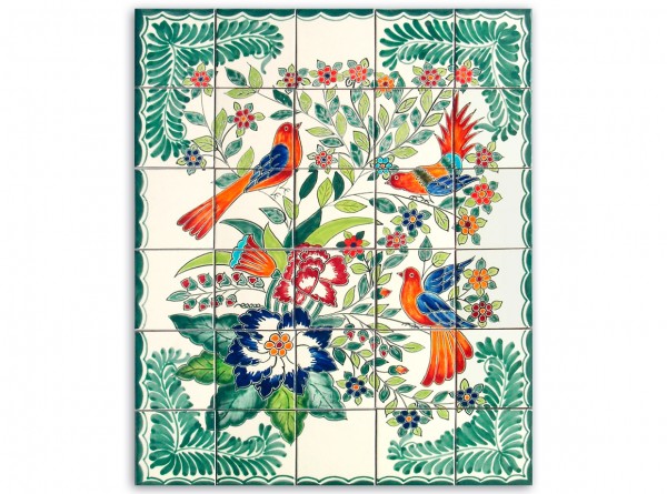Mexikanisches Fliesenbild, handbemalt, Vogelmotiv, 63x53cm, grüner Rand