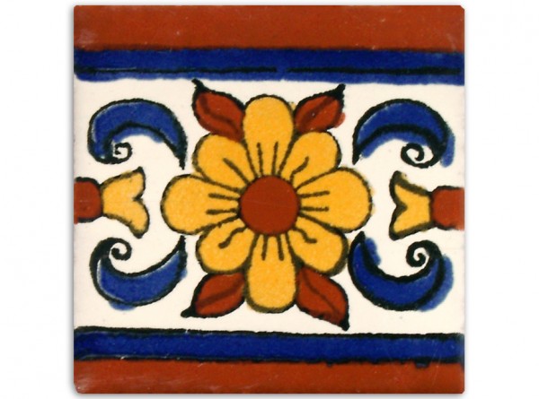 Dünne Serie: Bordürenfliese handbemalt, ca. 5x5cm, Flor naranja azul, Gelblich