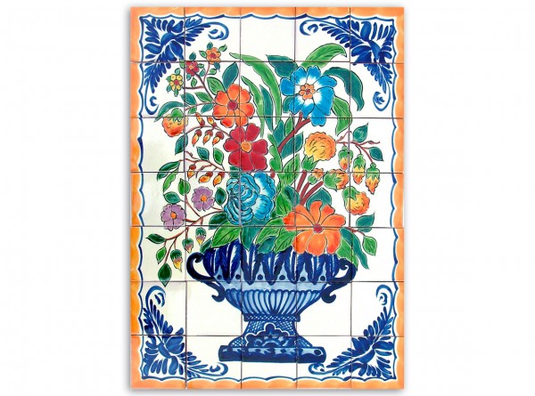 Mexikanisches Fliesenbild, handbemalt, Motiv Blumenschale, 55x77cm, Rand mangofarben