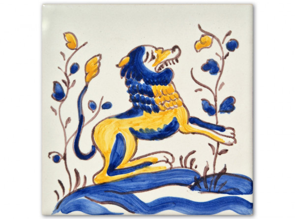 Motivfliese Blau-Gelb "Löwe" , Handbemalt, 14x14 cm