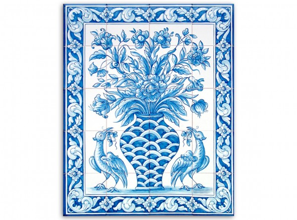 Port. Fliesenbild, handbemalt, Motiv &quot;Vase und Vögel, blau-weiß&quot;, 56x70cm