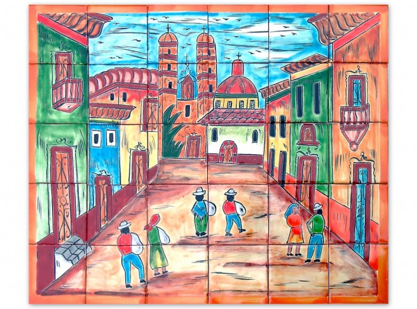 Mexikanische Fliesenbild, handbemalt, Motiv Dorfplatz, ca. 63x53cm, Rand mangofarben